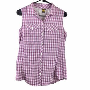 Eddie Bauer Womens Button Up Blouse Light Purple Gingham Sleeveless Size M